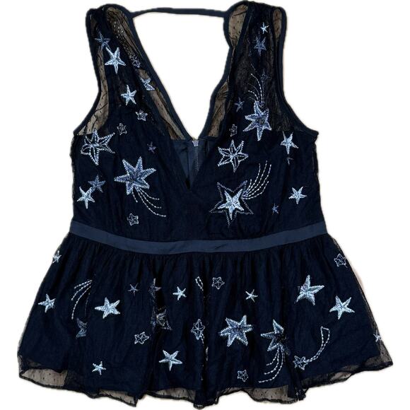 NWT Express Celestial Embroidered Silver Star Mesh Peplum Top Black V- Neck 10 - Picture 1 of 8